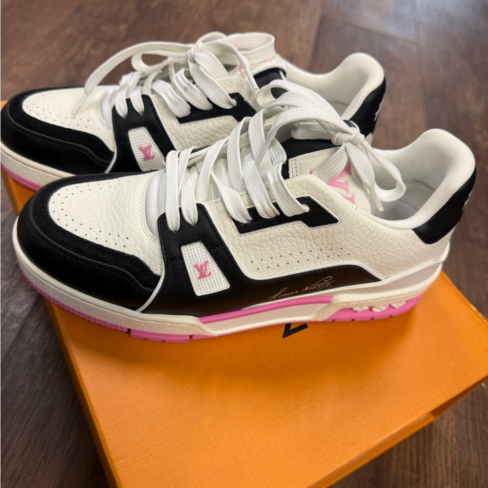 Louis Vuitton Trainer Sneaker Black and White with Pink Highlights